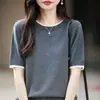 Suéter de Tricô de Algodão Manga Curta Feminino Cor Color Block Francesa Gola Redonda Solto Manga Meia Tricô Camiseta Top Base Modeladora