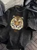 Camiseta de Algodón Puro Lavada Desgastada Wonderful Night Estampado de Cabeza de Tigre Top Nuevo Transfronterizo