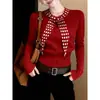 Roupa de Ano Novo cardigã de tricô vermelho top interno feminino inverno único super bonito cachecol de seda bolinhas casaco suéter