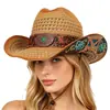 Sombrero de Paja Hueco para Exteriores de Comercio Exterior Europeo y Americano, Sombrero de Vaquero Occidental, Sombrero Turquesa con Estilo Étnico, Sombrero Retro Jazz