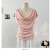 Camiseta de Tricô com Gola Borboleta Estéreo de Design Francês para Mulheres Verão 2025 Cintura Franzida Efeito Emagrecedor Top que Cobre a Barriga