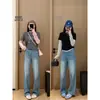 Jeans Meia-Lua DIY! Calças Retas Azul Lavagem Leve com Enzimas Estilo Calça Dupla para Mulheres, Calças de Perna Larga Azul Primavera para Mulheres
