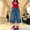 Jeans cropped lavados estilo retro americano para mujer, verano 2026, talla grande, corte recto holgado, shorts versátiles de pierna ancha