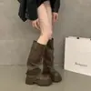 Botas Femininas 2026 Novas Botas de Montaria Acima do Joelho com Zíper Lateral, Solado Grosso Retrô, Fivela de Cinto Plissada, Pernas Versáteis