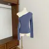 Blusa feminina de outono, ombro a ombro, justa, de manga longa, com decote na clavícula, feita de tecido Lyocell, na cor azul marinho