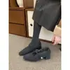 Sapatos femininos de inverno cinza, bico quadrado, salto grosso, estilo francês elegante, forrados com fleece, sapatos Mary Jane de pele de salto alto