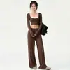 Conjunto de Yoga Feminino Manga Longa Calça Wide Leg com Cordão Cintura Alta Emagrecimento Secagem Rápida Respirável Roupas Fitness Femininas Roupa Esportiva Feminina