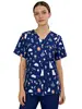 Blusa de Uniforme Estampada con Cuello en V para Mujer, Elástica de Secado Rápido, Uniforme para Salón de Peluquería de Mascotas, Doctor, Enfermera, Manga Corta