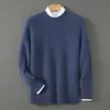 Novo suéter masculino casual de negócios em lã pura com ponto de favo de mel, suéter de cashmere autêntico de luxo leve em cor sólida, tricô de gola redonda