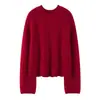 Suéter pullover popular feminino 100% caxemira em tricô jacquard com gola redonda, cor sólida, padrão vintage de crochê, malharia feminina