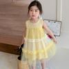 Vestido para Menina 2026 Verão Vestido de Bebê Vestido com Patchwork de Renda Estiloso Vestido Princesa para Bebê Menina Amarelo Limão
