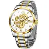 Reloj Marca Oris Reloj No Mecánico Reloj Dragón Chino de Diamante Correa de Acero Reloj Dorado Reloj para Hombre
