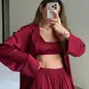 Pijama Cruzado de Seda Helada Amigable con la Piel para Mujer 2026, Ropa de Casa Europea y Americana Otoñal para Mujer, Ropa Interior de Manga Larga, Conjunto de Tres Piezas con Pantalones Cortos