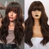Peruca feminina natural castanho escuro franja elegante cabelo longo cacheado alta temperatura mecanismo de seda uso diário arnês rosa peruca de rede