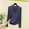 Nueva Camiseta Base de Modal con Cuello Redondo, Manga Larga, Efecto Adelgazante, Patchwork para Mujer, Top de Color Sólido para Primavera y Otoño, Camiseta de Manga Larga Ajustada Talla Grande para Mujer