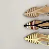 Elegantes Sandalias Cerradas con Calados Estilo Francés para Mujer, Tacón Grueso, Punta Fina, Bloques de Color, Piel Genuina, Versátiles Sandalias de Moda Estilo Romano