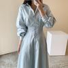 Chic Coreano Primavera/Verano 2026 Estilo Francés Ceñidor de Cintura Adelgazante Solapa Color Sólido Suave Ol Manga de Farol Vestido Camisa