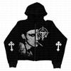 2025 Novo Cardigan Casual Harajuku com Capuz Y2K Hip-Hop Gótico Estampa de Retrato Cruz Moletom