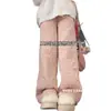 Pantalones Rosados de Cachemira para Mujer Otoño e Invierno 2025 Nuevos Pantalones Casuales Cálidos Pantalones Forrados de Felpa Pantalones de Pierna Ancha con Empalmes de Felpa