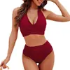 Amazon 2027 Novo Maiô Europeu e Americano Feminino com Controle de Barriga Conjunto de Biquíni de Cintura Alta Roupa de Banho Sexy com Decote Halter em Estoque