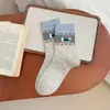 Meias de Cano Médio Cartoon de Cachorro Fair Isle para Mulheres Outono e Inverno Estilo Japonês Simples Versátil Meias Felpudas Combinação de Cores Cinza e Azul