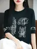 Suéter de punto de manga corta para mujer, cuello redondo, color contrastante, holgado, de Lyocell Tencel, para verano, camiseta fina de manga media