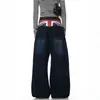 Jeans reto com estampa de bandeira patchwork lavada e desgastada estilo de rua americano, calças vintage largas e soltas estilo retrô masculinas