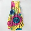 Vestido Casual de Algodão Puro com Estampa Digital Nova, Gola Redonda, Sem Mangas, Comprimento Médio, Para Mulheres, Verão na Praia