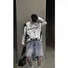 Camiseta de manga larga color plata estilo jersey americano para hombre y mujer, con estampado de letras en color de contraste, top deportivo de marca de moda para pareja con cuello redondo