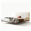 Cama de cuero estilo vintage para dormitorio principal, cama retro con patrón de gofres, cama con cabecero minimalista delgado, cama de madera maciza con borde al ras, cama doble tapizada