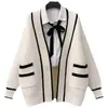 Suéter de punto tipo cárdigan chaqueta de moda universitaria casual holgado estilo coreano para mujer de otoño e invierno con bolsillos
