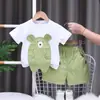 Nuevo Conjunto de Dos Piezas de Verano para Niños, Cuello Redondo, Oso Tridimensional, Manga Corta, Casual, Algodón, Pantalón de Cinco Cuartos, Venta al por Mayor Directa de Fábrica