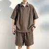 Conjunto Casual Plus Size Transfronteiriço para Homens, Verão Soltinho Jovem Tendência Camisa de Manga Curta com Vários Bolsos e Shorts Conjunto de Duas Peças