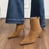 Botines estilo coreano, punta fina, tacón bajo, tacón delgado, botines de moda, gamuza, talla grande, negro, botines ajustados, botines elásticos, botines de moda