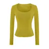 Camiseta básica de manga larga con cuello cuadrado, estilo de chica hot puramente seductor para mujer, agradable para la piel, fina, versátil, ajustada, que realza la figura, camiseta base ajustada