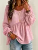 2026 Nova Blusa Feminina de Cor Sólida com Gola Redonda e Manga Longa Franzida, Estilo Europeu e Americano Transfronteiriço, Casual Versátil de Caimento Solto