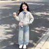 Estiloso Dulce Estilo Coreano Individual para Niñas Sudadera con Capucha Patchwork Falsa de Dos Piezas Cuello Polo Conjunto de Jeans Dulce Lindo Moderno