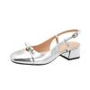 Sandalias Cerradas Estilo Francés Verano 2024 Nuevas Punta Cuadrada Moño Bloques de Color Sin Espalda Tacón Grueso Punta Cuadrada Pequeña Medias Sandalias