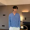 Directo del fabricante: Camiseta de punto de manga larga a rayas para hombre, de estilo americano moderno y corte relajado, un top versátil y casual estilo Henley