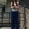 Pantalones de Pierna Ancha Cuadros Azul y Negro High Street para Mujer, Verano Finos de Cintura Alta Adelgazantes Sueltos Fluidos Casuales de Largo Hasta el Suelo Tallas Grandes