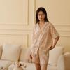 Estilo Primavera Ropa de Casa para Mujer, Gasa de Doble Capa de Algodón, Estampado de Hibisco, Ribete de Encaje, Pantalones Cortos de Manga Corta, Conjunto de Pijama