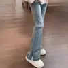 Calça Jeans Bootcut Azul Claro Rasgada para Mulheres Outono e Inverno 2025 Novo Tamanho Grande para Gordinhas Cintura Alta Elástica Flare Rasgada que Arrasa no Chão