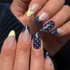 Uñas Mecánicas Transfronterizas, 30 Piezas de Uñas Postizas Largas Transparentes con Forma de Almendra Estilo Francés con Diseño de Moño Tallado