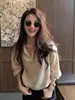Tricô Francês com Gola Polo Cor Damasco de Manga Longa para Mulheres Início do Outono Tricô de Base com Camisa para Usar por Baixo e Top Elegante