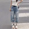 Calça jeans feminina rasgada estilo retrô americano, estilo fino de verão, plus size, super popular, corte solto, modelagem que emagrece, calça reta cropped