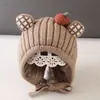 Otoño e Invierno Nuevo Bebé Gorro de Punto con Orejas de Caqui Orejas Cuadros Lindas Atado de Cinta Gorro Cálido de Lana para Bebé