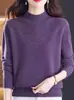 Suéter de Moda Nuevo Primavera 2026 para Mujer, Elegante Top de Cuello Alto Parcial con Pedrería, Elegante Camisa Base de Punto de Manga Larga Tendencia