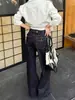 Jeans de Perna Larga Azul Denim com Fivela Paris Estilo Americano Feminino Outono 2026 Novo Cintura Alta Solto Caimento Reto Longo