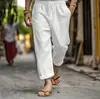 Pantalones de hombre transfronterizos nuevos, Pantalones de verano, Pantalones de algodón y lino, Cintura elástica con cordón, Rectos de color liso, Cómodos y transpirables