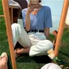 Camiseta Interior de Verano con Cuello de Corazón de Pollo, Top Holgado Color Caramelo Verde Matcha, Camiseta de Punto Fina de Seda Helada de Manga Corta para Mujer